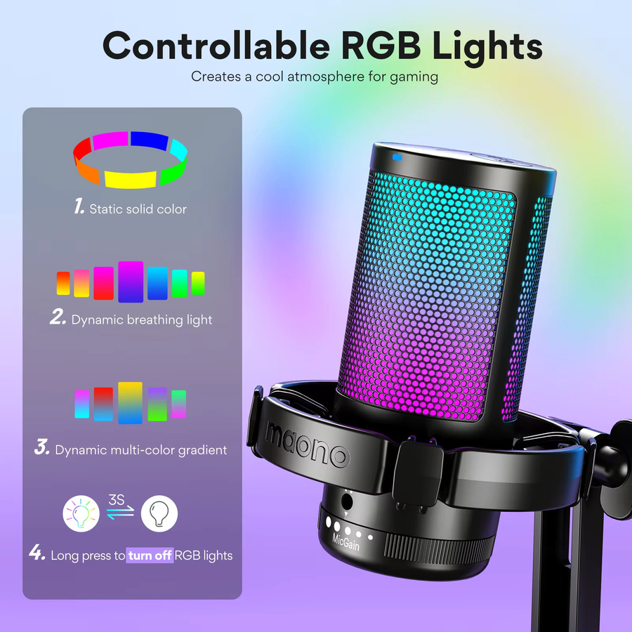Maono DGM20 USB-Gaming-Mikrofon in Schwarz mit RGB-Beleuchtung für PC, Streaming und Podcasts mit Geräuschunterdrückung und Tap-to-Mute-Funktion - Bild 2