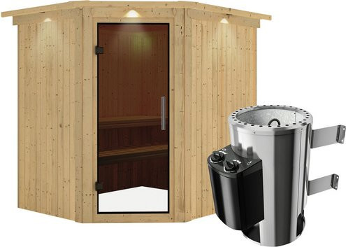 Karibu Sauna Talsen aus Fichtenholz mit 3,6 kW Saunaofen und integrierter Steuerung für 3 Personen, beige - Bild 1