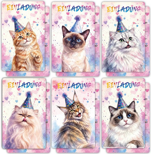 12 herzförmige Katzen-Einladungskarten im Aquarell-Stil in Hellrosa mit 6 verschiedenen Katzenrassen und Partyhüten aus Papier - Bild 1
