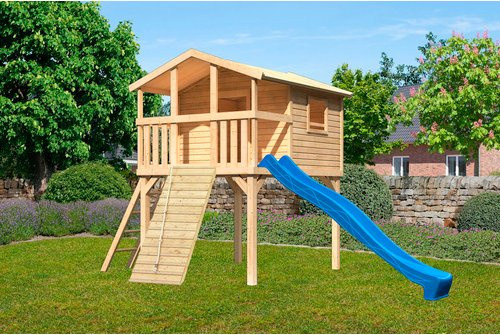 Karibu Stelzenhaus Benjamin Set in Natur mit Holzrampe und Rutsche, Farbe Blau, B/H/T: 198 x 309 x 244 cm - Bild 3
