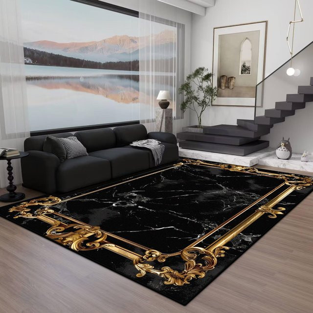 Karpetti Teppich in Schwarzgoldener Marmor-Optik, waschbar und rutschfest, B/T: 180 x 280 cm - Bild 1