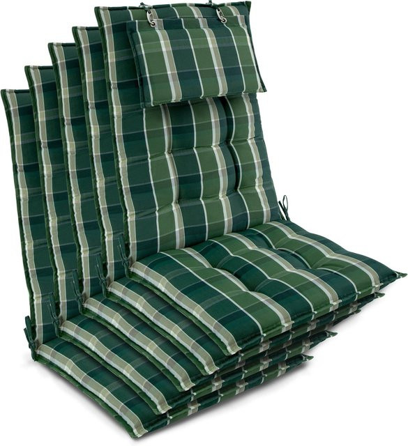 Beautissu 5er Set Sun-HL Hochlehner Auflage Grün-Kariert, B/T/H: 120 x 50 x 8 cm - Bild 1