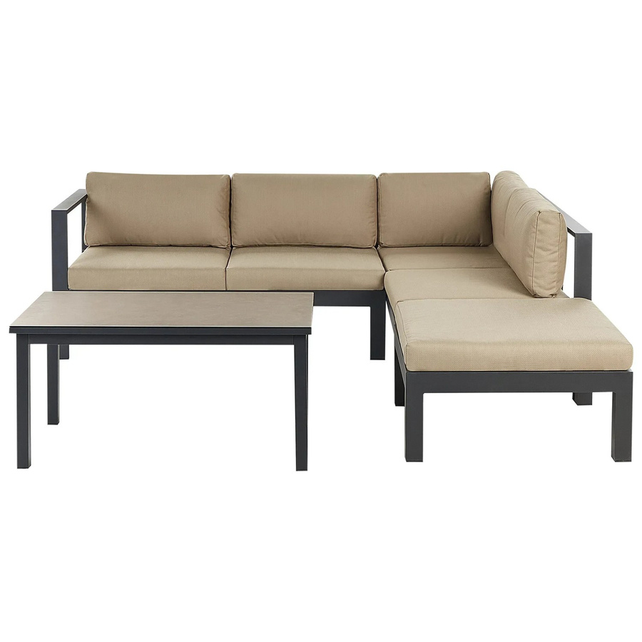 Beliani Lounge Set Schwarz Beige mit L-Form, Outdoor-Gartenmöbel-Set aus Aluminium mit 3-Sitzer-Sofa, Ottoman, Couchtisch und Polsterkissen - Bild 2