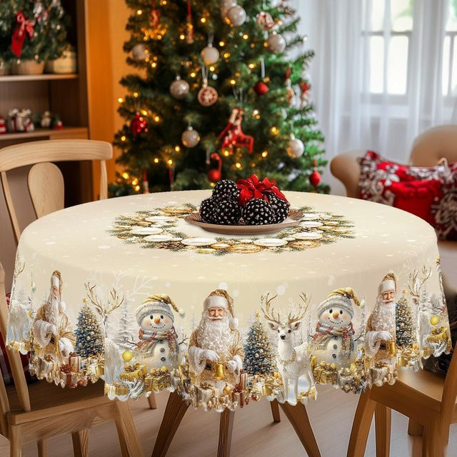 JINGYUE Pet Weihnachts-Tischdecke im Vintage-Bauernhaus-Stil mit Weihnachtsmann, Rentier und Weihnachtsbaum-Aufdruck, wasserabweisend, weiß, B: 140 cm, T: 180 cm - Bild 1