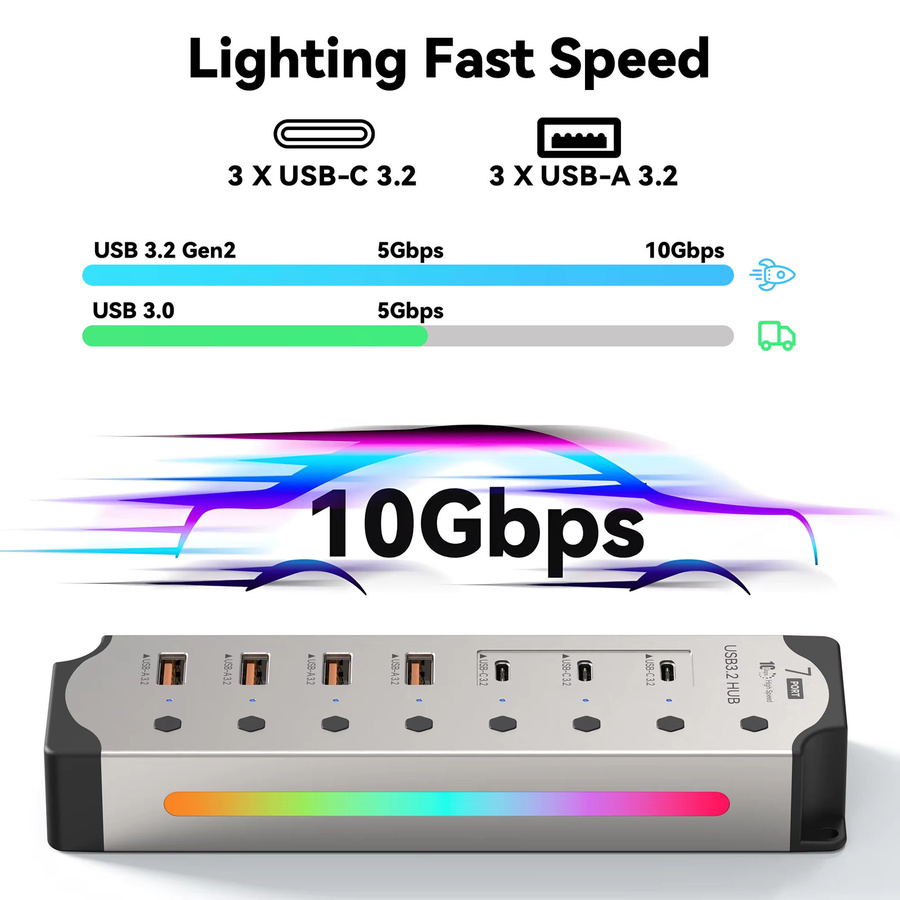 MOSHOU USB-Hub aus Aluminium mit 7 Ports, 10 Gbit/s, USB-A und USB-C 3.2, Silber, inklusive 12-V-Netzteil und individuellen Ein-/Aus-Schaltern für Laptop und PC - Bild 2