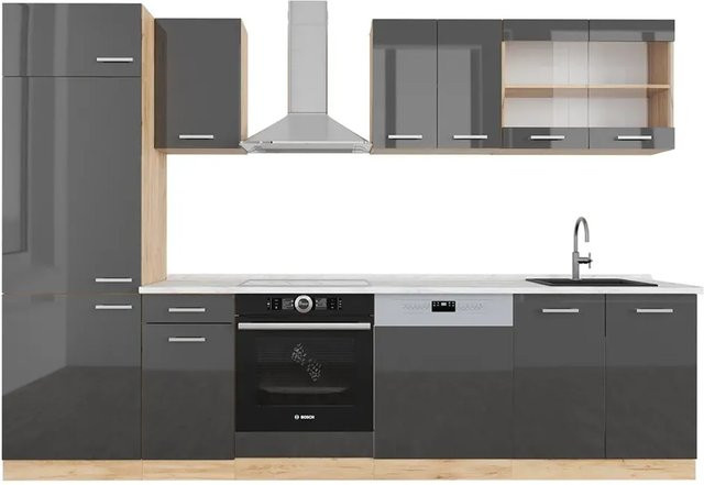 Vicco R-Line Küchenzeile Anthrazit Hochglanz und Goldkraft Eiche mit Marmor-Optik, Breite: 300 cm - Bild 1