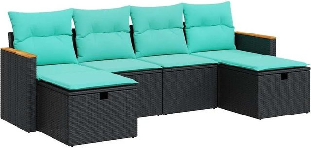 vidaXL 6-teilige Garten-Sofagarnitur in L-Form aus Polyrattan mit Kissen und Ottoman, Schwarz - Bild 1