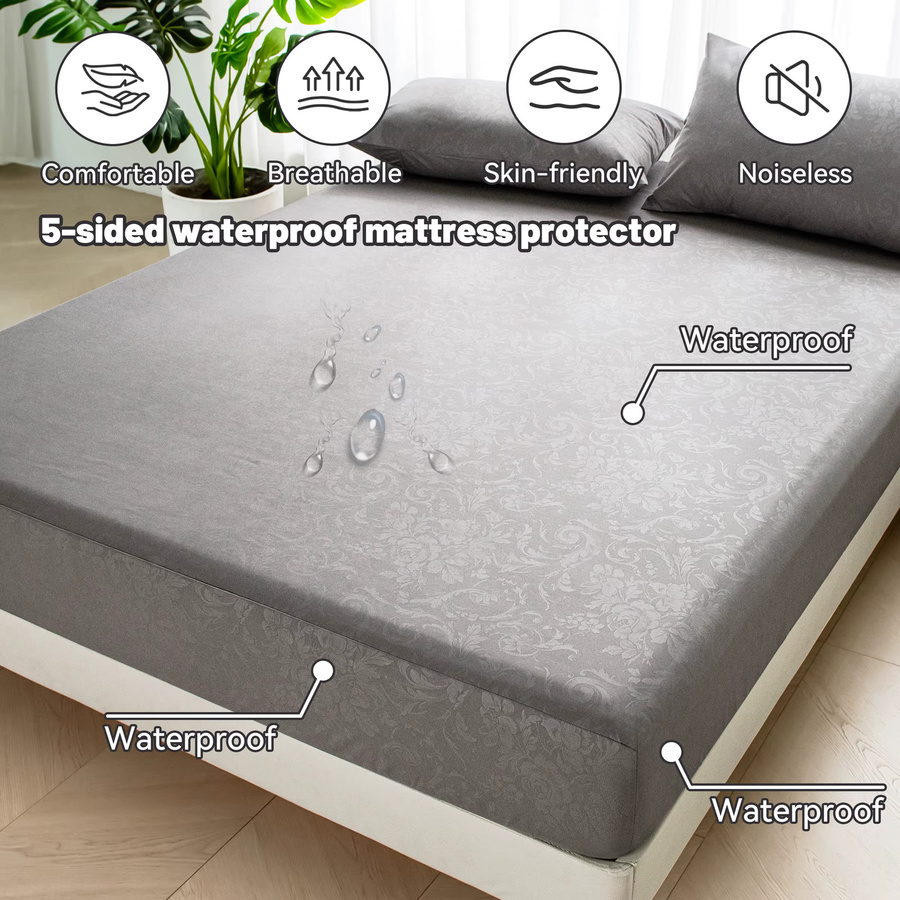 LyssioHome Wasserdichter Matratzenschoner mit floralem Design, atmungsaktiver 5-seitiger Matratzenbezug, Waschbares Spannbettlaken, B/T/H: 90 x 190 x 36 cm, Farben: Weiß und Grau - Bild 3