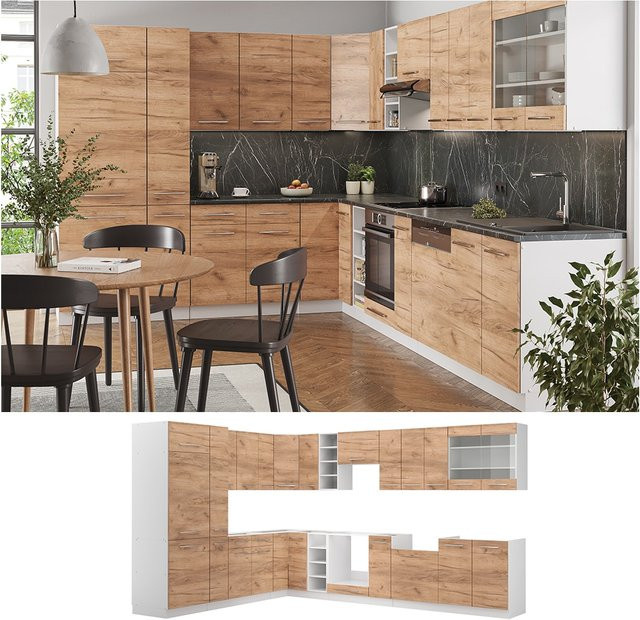 Vicco Eckküche Fame-Line Küchenzeile in Weiß und Eiche, moderne Einbauküche mit Soft-Close-Türen, B/T/H: 347 x 257 cm - Bild 1