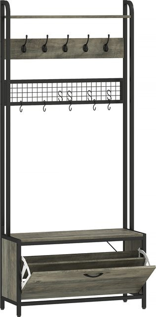 HOMCOM 5-in-1 Schuhgarderobe mit Sitzbank und Gitterpaneel, Garderobenständer für den Eingangsbereich mit Schrank, 10 Haken und Ablagebrett, Grau - Bild 1