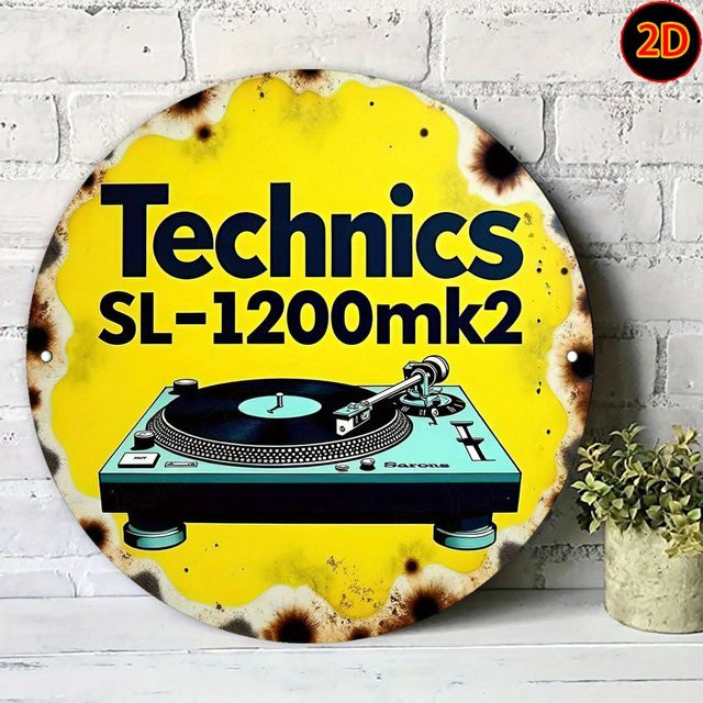 Potdemiel Metall-Wandkunstschild Technics SL-1200mk2 Vintage Design, Rundschild aus Aluminium in Gelb und Schwarz, Durchmesser: 20 cm - Bild 1