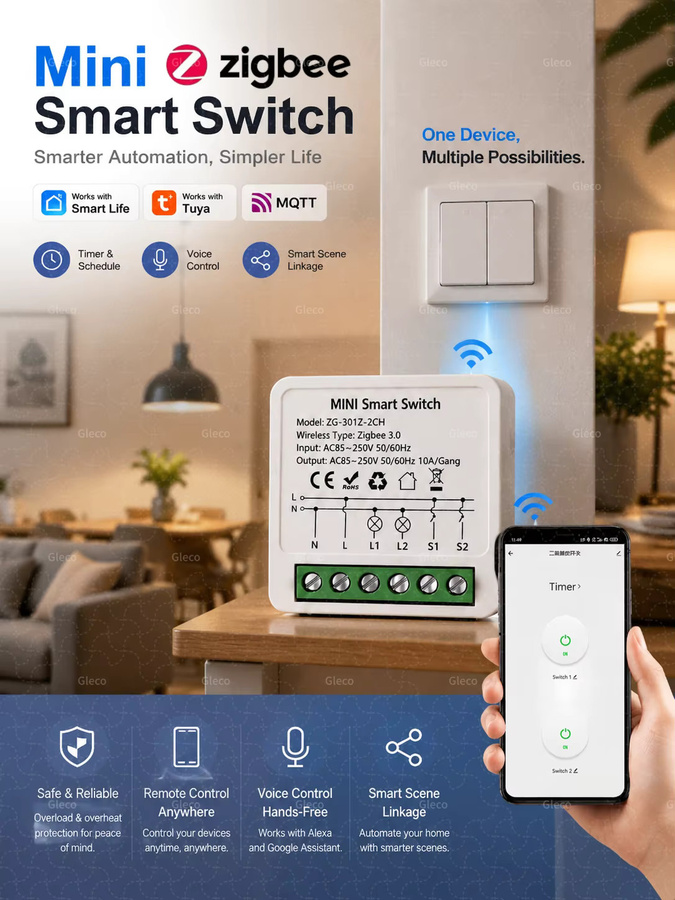 Tuya Zigbee Smart Switch DIY Relais-Schalter mit 2-Wege-Steuerung für Alexa und Google Home Assistant, Farbe: Weiß - Bild 5
