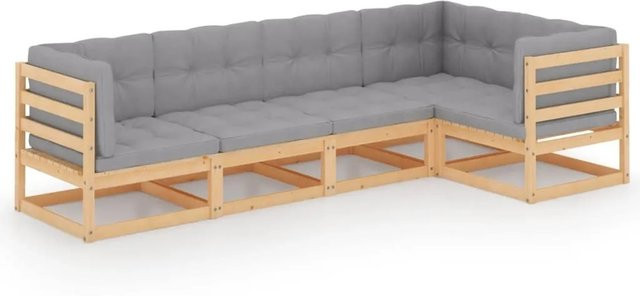 vidaXL 5-tlg Garten-Lounge-Set aus massivem Kiefernholz in L-Form mit grauen Polstern und Kissen - Bild 1