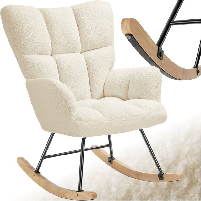 tectake Schaukelstuhl Torve in Beige mit Bouclé-Bezug und Steppmuster, gepolstert mit Stahlgestell, B/T/H: 68 x 96 x 97 cm - Bild 1