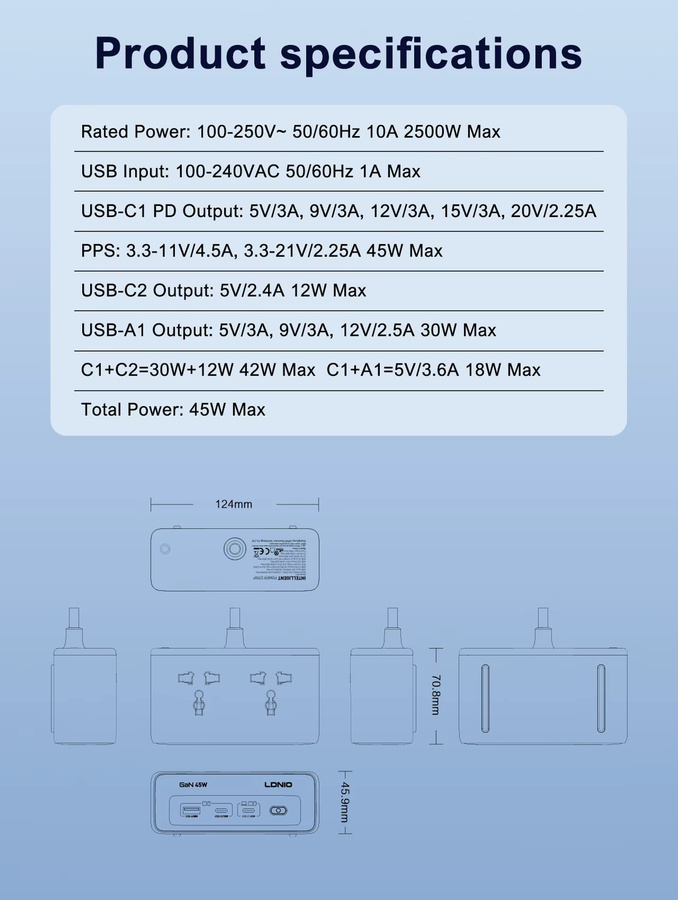 LDNIO Cube Schnellladegerät Steckdosenleiste mit 45W USB-C Ladestation in Blau - Bild 6