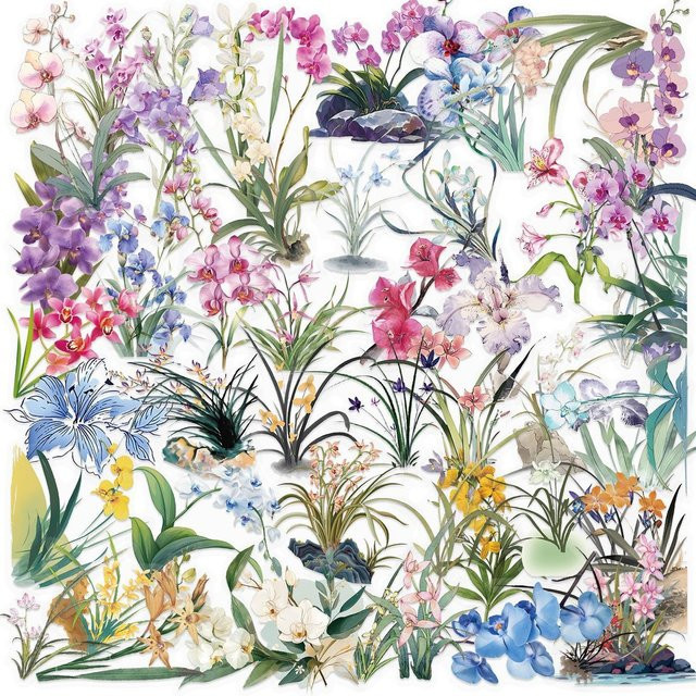 50 Stück transparente Orchideen-Gras-Aufkleber von RecordingYourLife Store aus wasserfestem PET für Scrapbooking und Dekoration in Multicolour - Bild 1