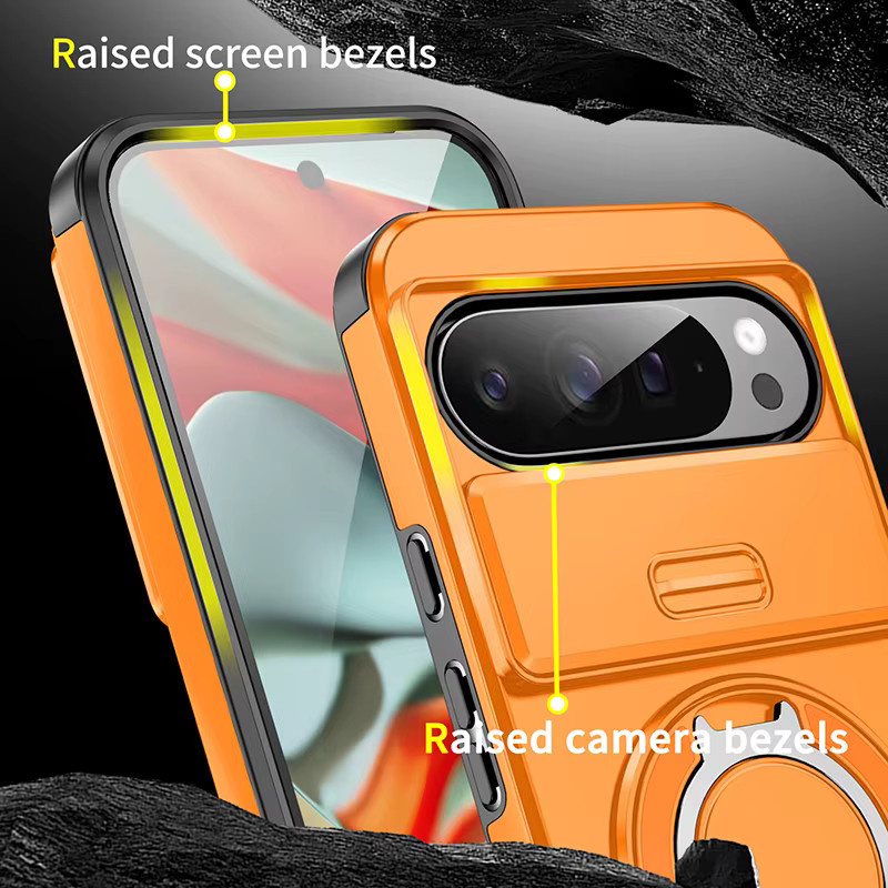Magnetische Ringhalterung Schutzhülle für Google Pixel 10 mit Schiebeobjektivschutz in Rot und Orange - Bild 5