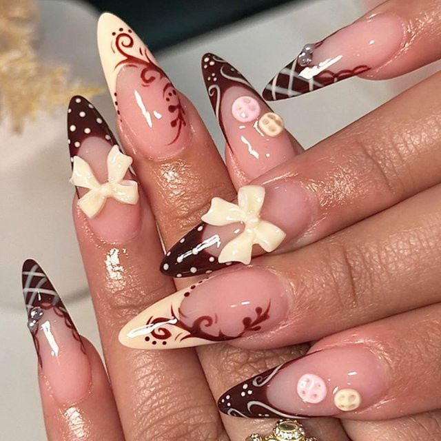 YADORNOS Press On Nails, 24 Stück, Braun, Blumen-Plaid-Design, Glänzend - Bild 1