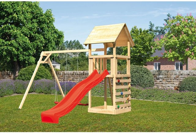 Karibu Spielturm Lotti mit Doppelschaukel, Kletterwand und Rutsche in Rot - Bild 1