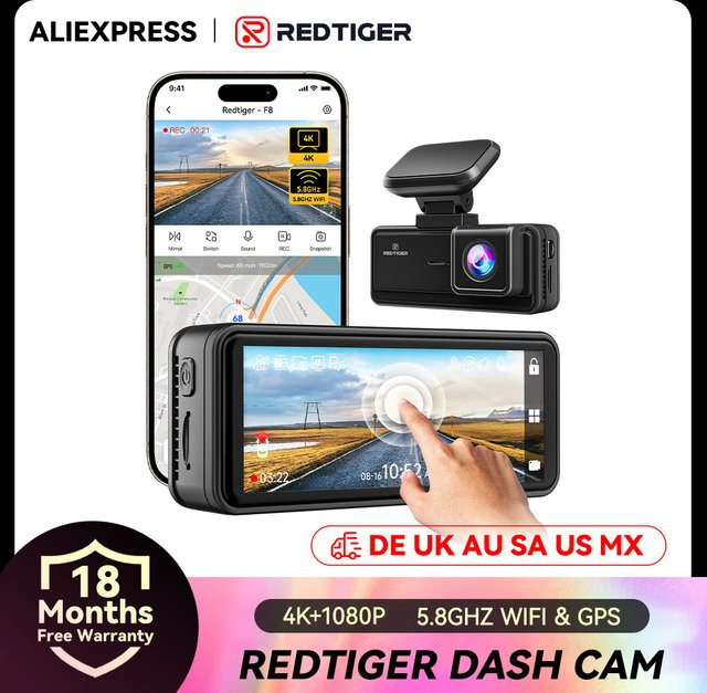 REDTIGER F8 Dashcam HD 4K mit integriertem GPS, 5G WLAN, App-Steuerung und Nachtsicht in Schwarz - Bild 1