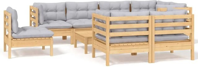 vidaXL 9-tlg. Garten-Lounge-Set aus massivem Kiefernholz mit grauen Polstern - Bild 1