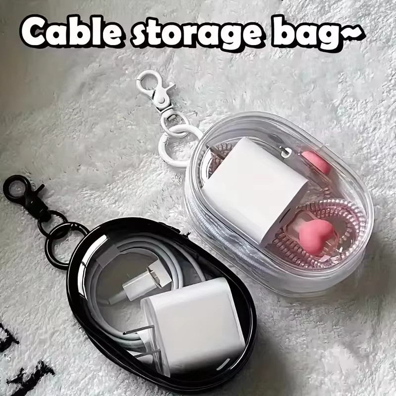 Tragbare Mini-Aufbewahrungstasche in Schwarz mit transparentem Reißverschluss und Schlüsselanhänger-Schlaufe als platzsparender Kabel-Organizer für Kopfhörer und Ladegeräte - Bild 2