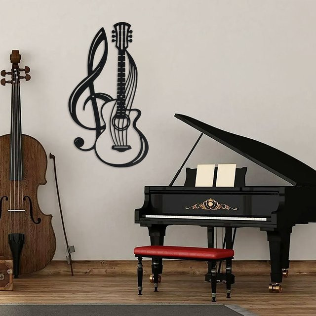 DDPNKL Wandkunst aus Metall mit Violinschlüssel und Gitarre in Schwarz - Bild 1