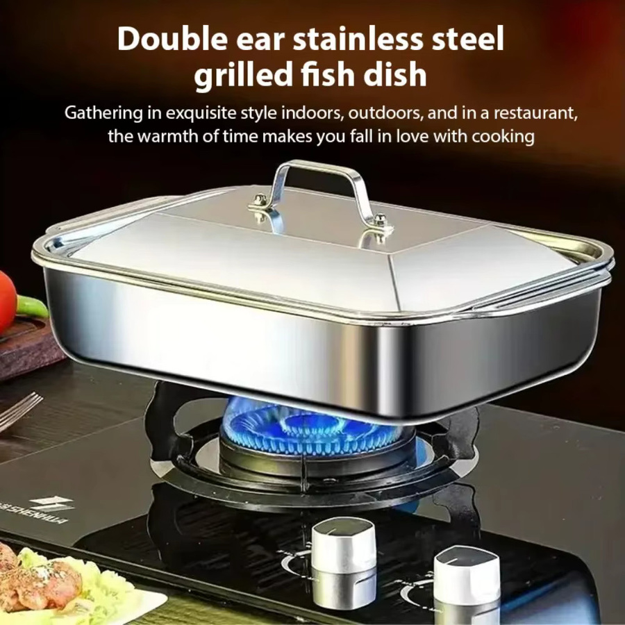 FEB.WIND Grilltablett aus Edelstahl mit Deckel und Doppelohren, rechteckige Fischbackform in Silber - Bild 2