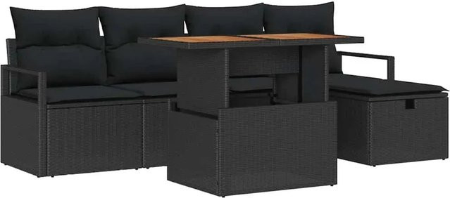 vidaXL 6-teiliges Garten-Sofa-Set in L-Form mit Ottoman und Kissen, Schwarz, Poly-Rattan und Metallrahmen - Bild 1