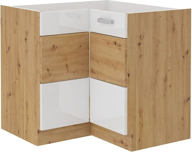 Eckunterschrank Küchenzeile in Eiche Artisan und Weiss Hochglanz mit Einlegeboden, B/T/H: 90 x 90 x 90 cm - Bild 1