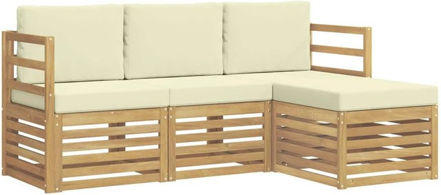 vidaXL Outdoor-Sofagarnitur 4-teilig in L-Form aus Akazienholz mit Polstern in Weiß und Beige, B/T/H: 185,5 x 122,5 x 73 cm - Bild 1