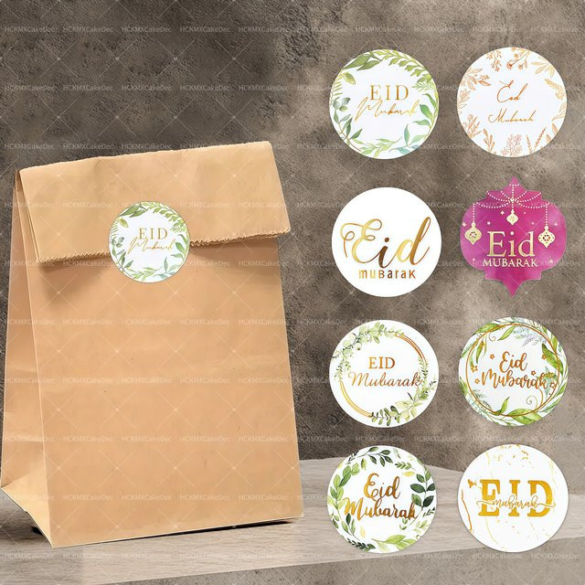 120 Stück Eid Mubarak Heißprägeaufkleber in Gold und Grün mit Blattdesign für deine Geschenkverpackung und Partydekoration - Bild 1