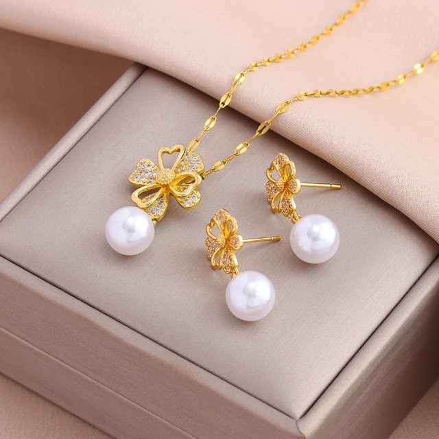 Marisa Schmuck-Set, Edelstahl, Vintage, Zirkonia, Kristall, Perle, Damen - Bild 1