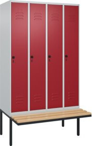 C+P Spind Classic PLUS Garderobenschrank mit Sitzbank, 4 Abteile, B/T/H: 212 x 120 x 81,5 cm, Sicherheits-Drehriegel, 4 Garderobenhaken, mittige Trennwand, auskragende Sitzbank, Buche-Hartholz und Stahl - Bild 1