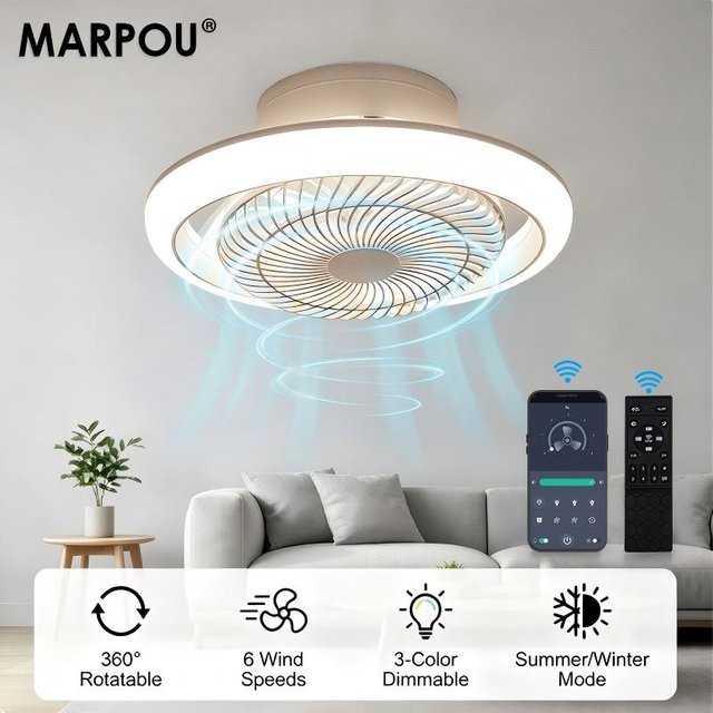 MARPOU Moderner Deckenventilator mit Beleuchtung in Weiß, 360 Grad drehbar, dimmbar, mit App-Steuerung und Fernbedienung - Bild 1
