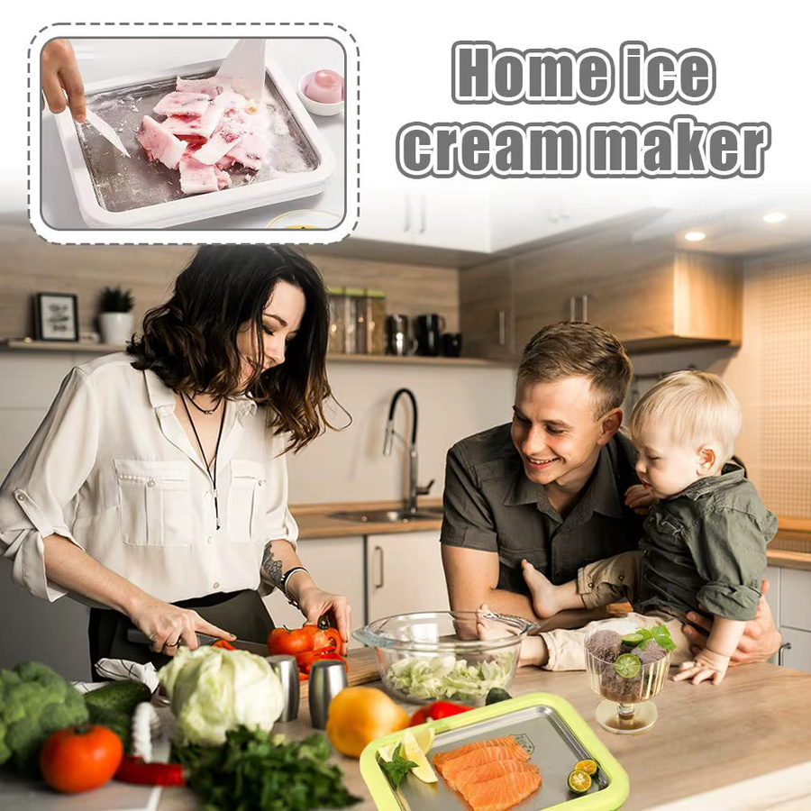 XMSJ Manuelle Eiscreme-Maker Pfanne aus Edelstahl in Silber und Grün mit Schaber für DIY Frozen Yogurt und Sorbet - Bild 3