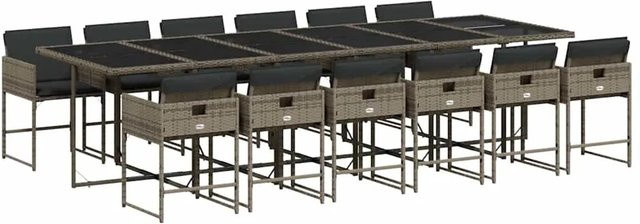 vidaXL 13-teilige Garten-Essgruppe aus Poly-Rattan mit Kissen in Grau und pulverbeschichtetem Stahl mit Hartglas-Tischplatte - Bild 1