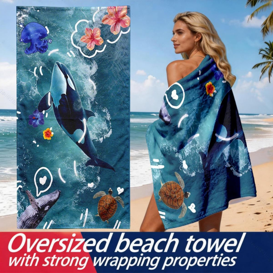Badetuch Orca-Sprung mit tropischem Blumen-Design aus Polyester-Mikrofaser, Farbe: Weiß, B: 40 cm, H: 60 cm - Bild 4