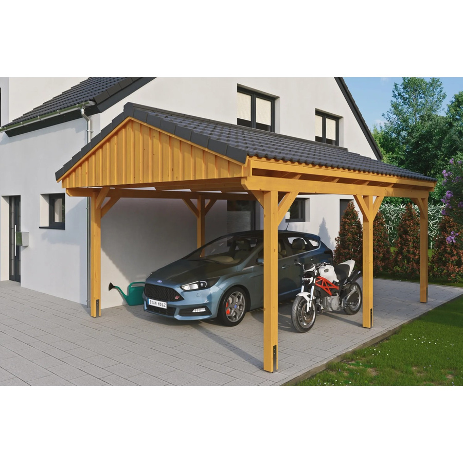 Skan Holz Carport Fichtelberg aus Fichte und Leimholz mit spitzer Dachform in Beige, B/T/H: 423 x 566 x 326 cm - Bild 2