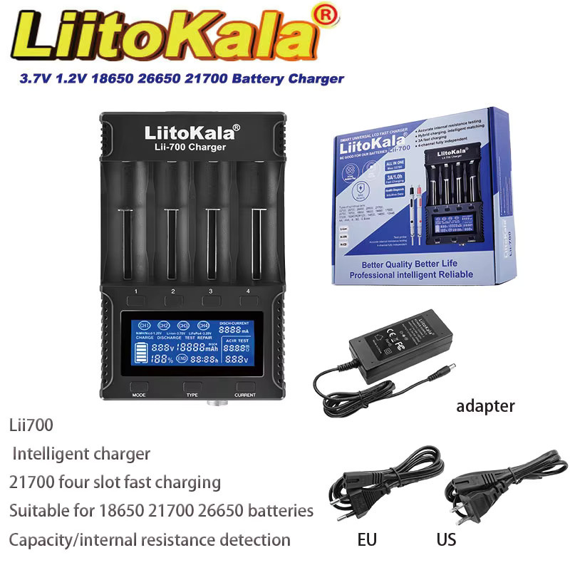 Liitokala Lii-700 Intelligentes Akkuladegerät mit LCD-Display für 18650, 26650, 16340, 18500, 3,7V und 1,2V in Schwarz - Bild 7