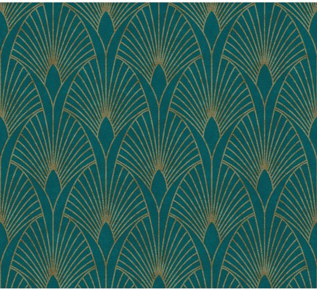 Vliestapete A.S. Création New Walls Art Deco Muster in Grün und Gold mit floralem Design und Glanzeffekt - Bild 1