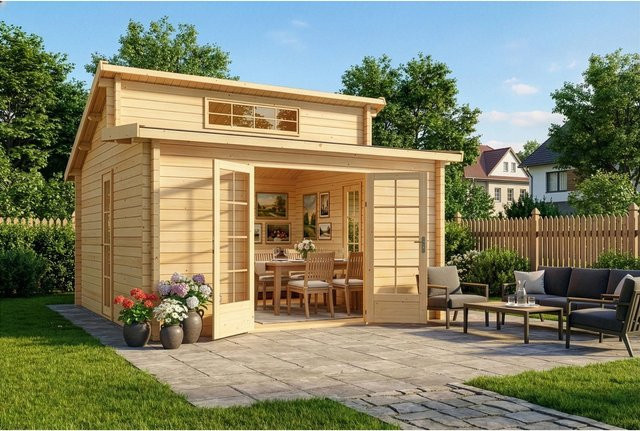 Carlsson Gartenhaus Lausitz Pultdach in Braun mit Blockbohlenbauweise, B/T: 400 x 440 cm - Bild 1