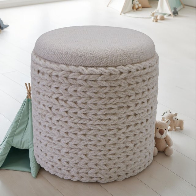 Sitzhocker FineBuy mit Stauraum aus Wolle in Creme-Weiß, rund, B/T/H: 40 x 40 x 45 cm, Boho-Stil - Bild 1