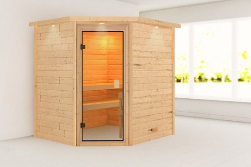KARIBU Sauna Kaave aus nordischem Fichtenholz für 3 Personen, beige, B/T/H: 224 x 184 x 191 cm - Bild 1