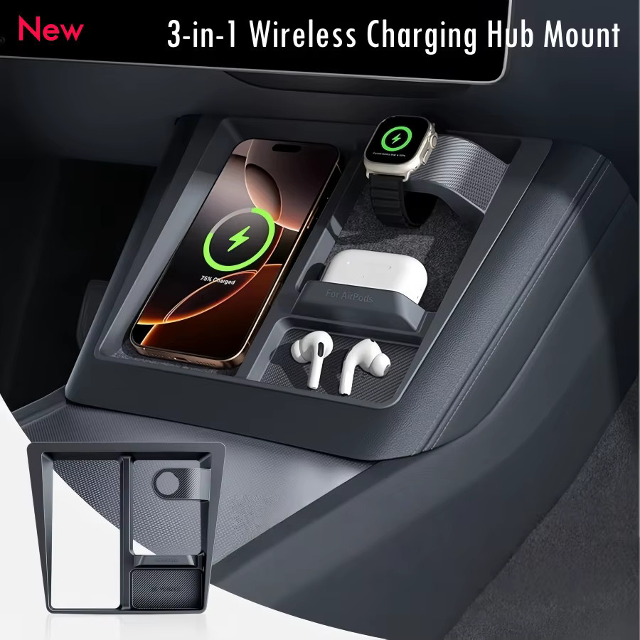 ZOCI Kabellose Ladehalterung aus ABS für Tesla Model Y Juniper / Premium und Model 3 Highland Mittelkonsolen-Organizer in Schwarz - Bild 1