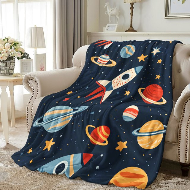 VIKAMA Flanelldecke mit Raketen- und Space-Motiv für Kinder, Mehrfarbig, B/T: 90 x 75 cm - Bild 1