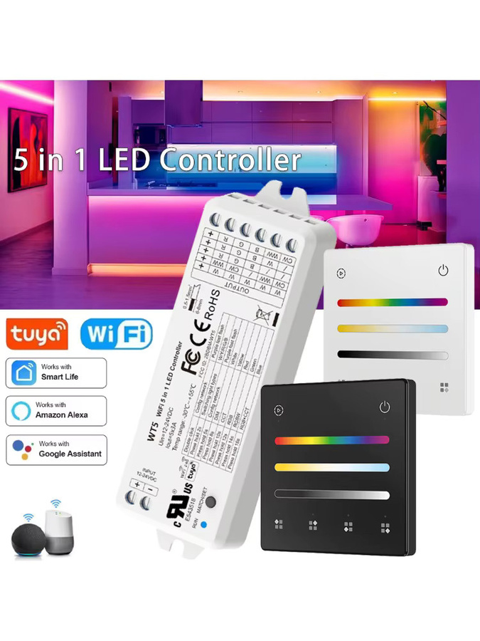 YSRSAI WT5 Tuya Smart Life LED-Controller 5in1 RGBCCT 4-Zonen-Touchpanel für 12V 24V LED-Streifen, kompatibel mit Amazon Alexa und Google Assistant, in Schwarz oder Weiß - Bild 6