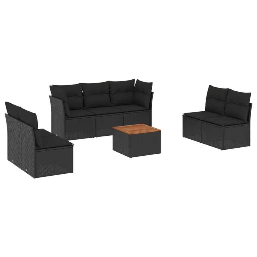 vidaXL 8-teilige Garten-Sofagarnitur in L-Form aus Polyrattan und Akazienholz mit Kissen in Schwarz - Bild 2