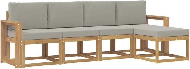 vidaXL Outdoor-Sofagarnitur in L-Form aus Akazienholz, 5-teilig, Weiß, Grau und Braun mit Sitzkissen und Rückenkissen - Bild 1