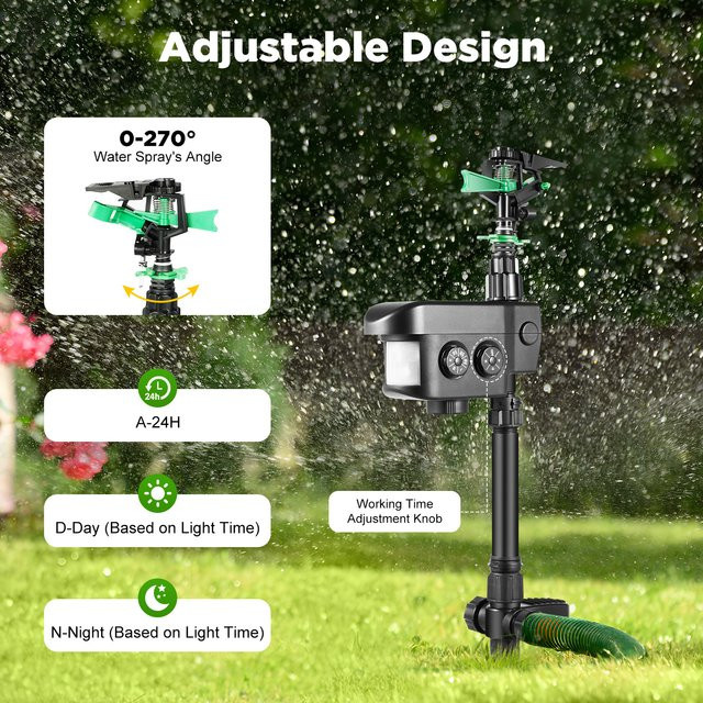 Bymaocar Solarbetriebener Bewegungsaktivierter Sprinkler mit Infrarotsensor zur Tierabwehr in Schwarz, 120 Grad Erkennungsbereich und bis zu 32 m Reichweite für Garten und Rasen - Bild 1